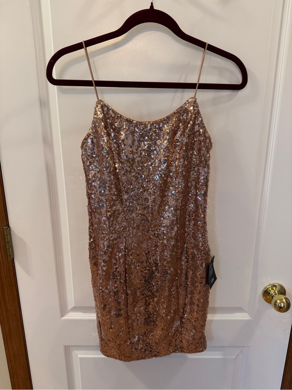 Lulu's Rose Gold Sequin Spaghetti-Strap Mini Dress